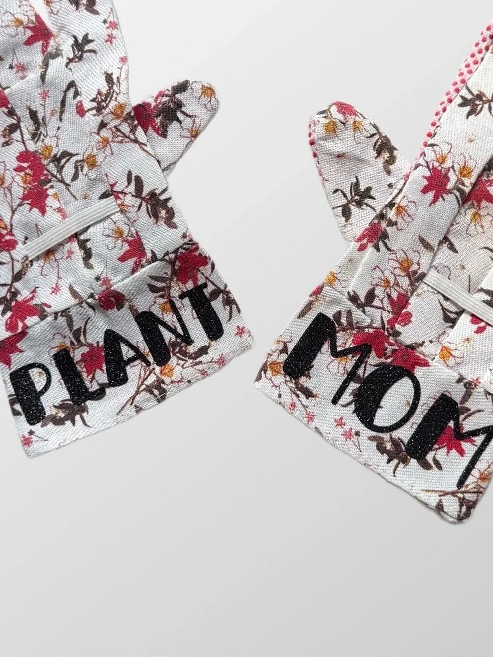 Floral 'Plant Mom' Gardening Gloves in White and Red